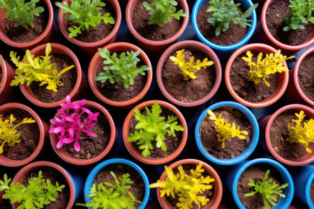 overhead view of seedlings in colorful pots, created with generative aiの素材