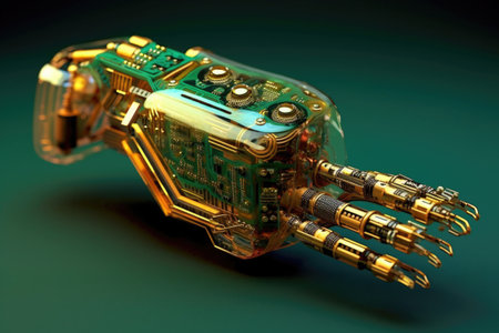 futuristic robotic arm assembling a circuit board, created with generative aiの素材