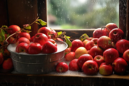 freshly picked apples being washed with water spray, created with generative aiの素材