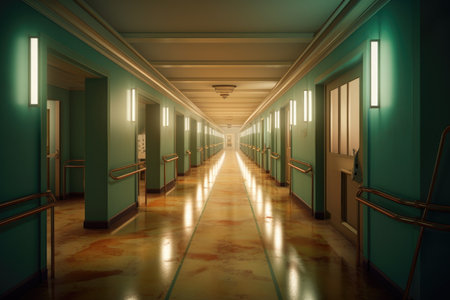 empty hospital corridor with bright lighting, created with generative aiの素材