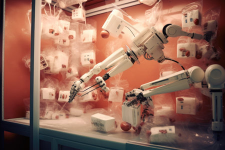 robotic arms packaging medication into boxes, created with generative aiの素材