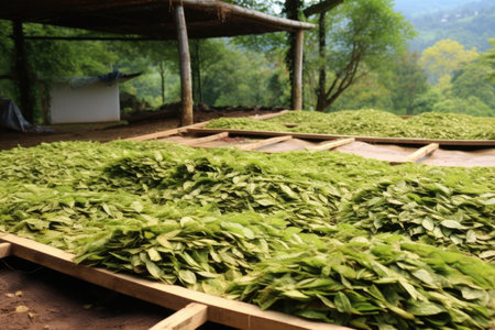 freshly plucked tea leaves spread out for natural air drying, created with generative aiの素材