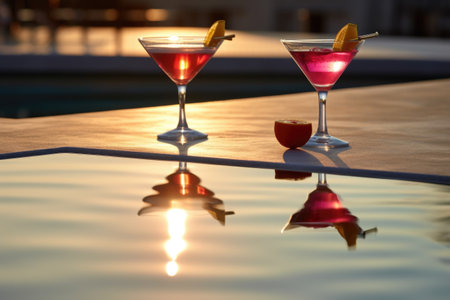 sunlit cosmopolitan cocktails with pool reflection in the background, created with generative aiの素材