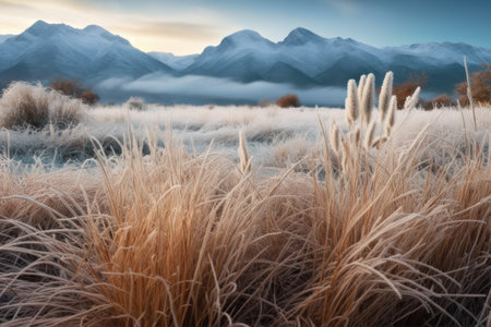 frost-covered grass with a backdrop of snowy mountains, created with generative aiの素材