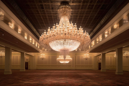 crystal chandelier hanging in grand ballroom, created with generative aiの素材