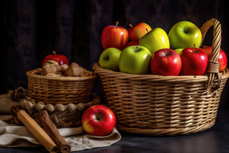 assorted apples in a wicker basket near baking supplies, created with generative aiの素材