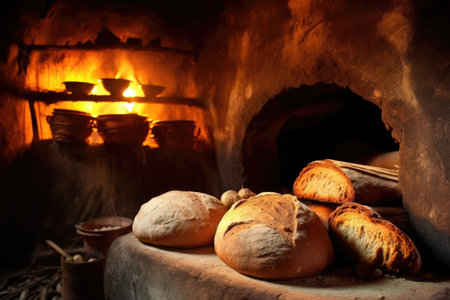 freshly baked bread in open earthen oven, created with generative aiの素材