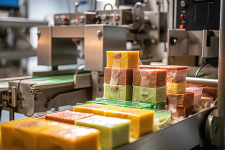 close-up of sealed food packages on production line, created with generative aiの素材