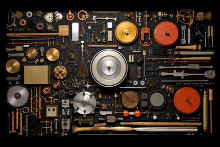 drum hardware and components spread out, created with generative aiの素材