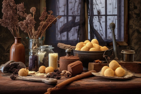 chocolate truffle ingredients on rustic table, created with generative aiの素材