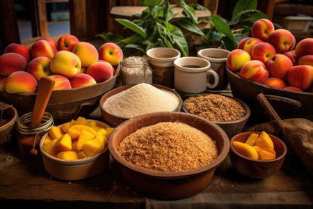 colorful display of peach crumble ingredients on market table, created with generative aiの素材