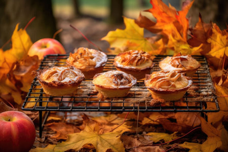 apple pies cooling on a wire rack among autumn leaves, created with generative aiの素材