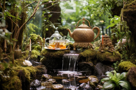 sunlit tea ceremony arrangement with shadows and textures, created with generative aiの素材