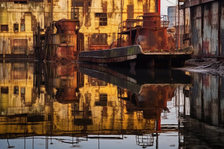 reflections of disused dockyard machinery in water, created with generative aiの素材