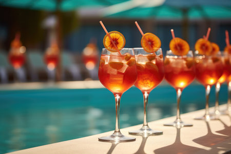 aperol spritz cocktails lined up on poolside bar, created with generative aiの素材