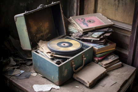 old vinyl records in a tattered box, created with generative aiの素材
