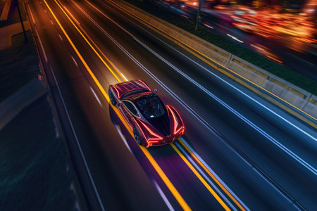aerial view of hypercar speeding on city highway, created with generative aiの素材