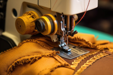 close-up of sewing machine stitching hat pieces together, created with generative aiの素材