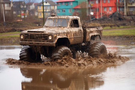 monster truck splashing through a muddy puddle, created with generative aiの素材
