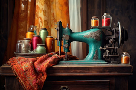 vintage sewing machine with colorful threads nearby, created with generative aiの素材