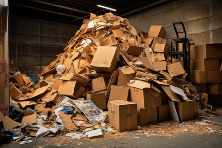 crushed cardboard boxes in overflowing recycling dumpster, created with generative aiの素材