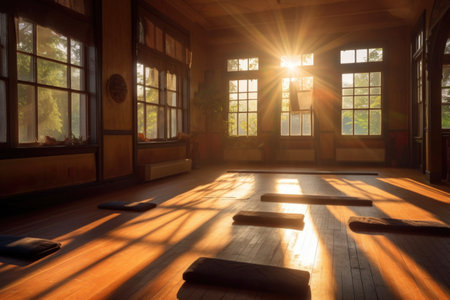 sunlight streaming through windows onto empty yoga mats, created with generative aiの素材