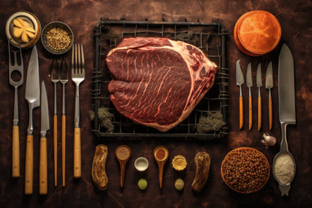 overhead view of t-bone steak and bbq tools, created with generative aiの素材