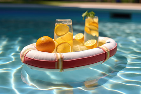 sunlit tom collins cocktail on a pool float, created with generative aiの素材