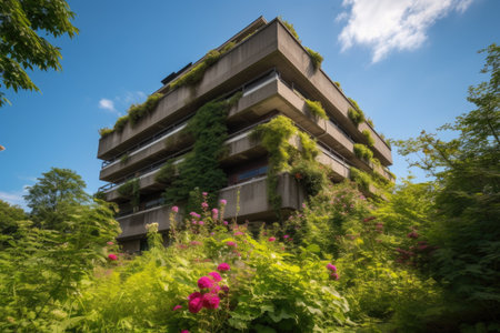 modern building, surrounded by lush greenery and flowers, with clear blue sky visible in the background, created with generative ai