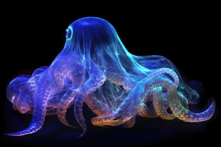 ghostly bioluminescent octopus camouflaging itself, created with generative aiの素材