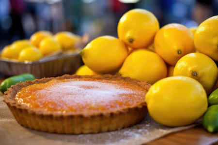 freshly baked lemon tart on a market table, created with generative aiの素材