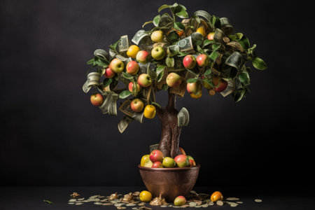 money tree with coins and banknotes as fruits, created with generative aiの素材
