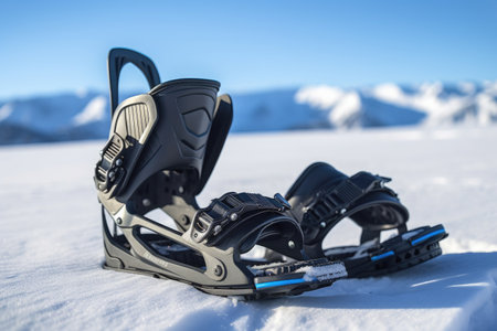 advanced snowboard bindings with quick-release system on snow, created with generative aiの素材