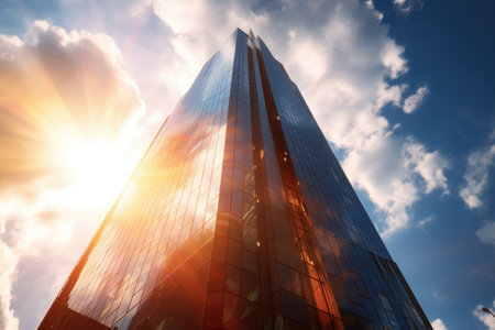 dramatic upward angle of a glass skyscraper reflecting sunlight, created with generative aiの素材