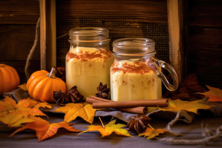 eggnog in mason jars surrounded by autumn leaves, created with generative aiの素材