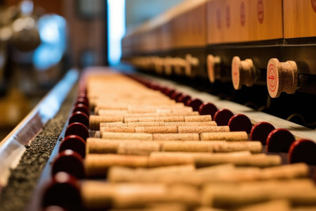 row of freshly punched wine corks on conveyor belt, created with generative aiの素材