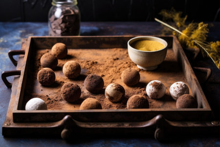 truffles dusted with cocoa powder on tray, created with generative aiの素材