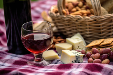 close-up of wine bottle, cheese, and nuts on a picnic blanket, created with generative aiの素材