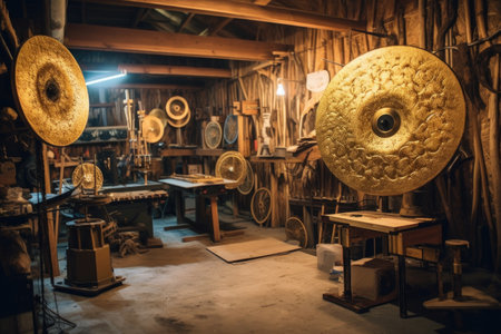 custom cymbals and stands in workshop, created with generative aiの素材