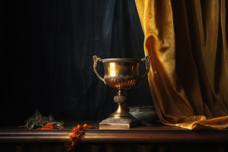 golden cup on a pedestal with dramatic lighting, created with generative aiの素材