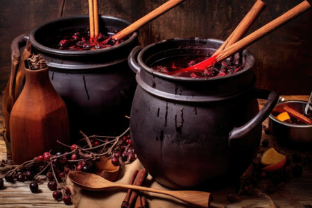 spiced mulled wine in a pot with a ladle and wooden cups, created with generative aiの素材