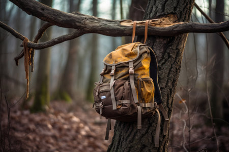 hiking backpack hanging on a tree branch in forest, created with generative aiの素材