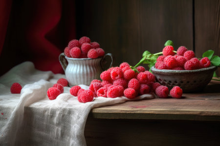 close-up of fresh raspberries on a rustic wooden table, created with generative aiの素材