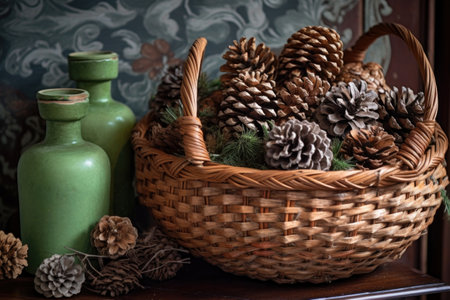 pine cones in a rustic woven basket, created with generative aiの素材
