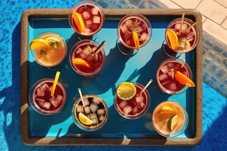 top view of cosmopolitan cocktails on poolside tray, created with generative aiの素材
