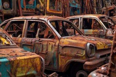 colorful rust patterns on a junkyard cars surface, created with generative aiの素材