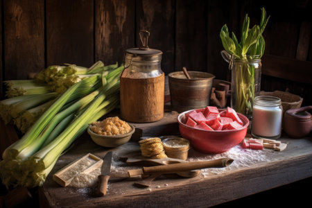rhubarb crisp ingredients displayed on rustic wooden table, created with generative aiの素材