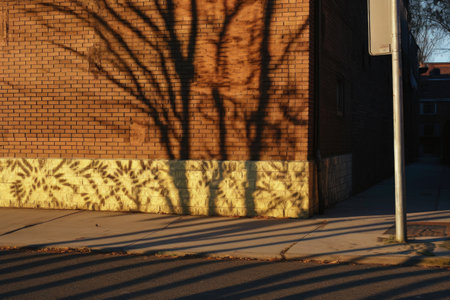 shadow patterns on a brick wall from streetlights, created with generative aiの素材