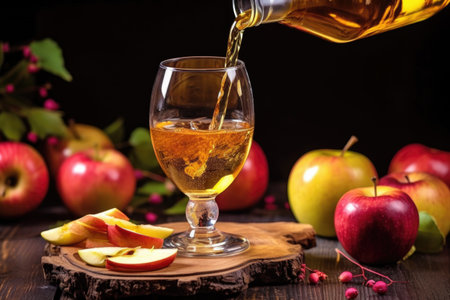 homemade cider pouring into glass with apple slices garnish, created with generative aiの素材