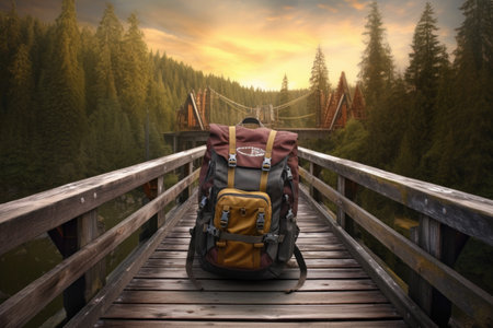 travel backpack on a wooden bridge in the wilderness, created with generative aiの素材
